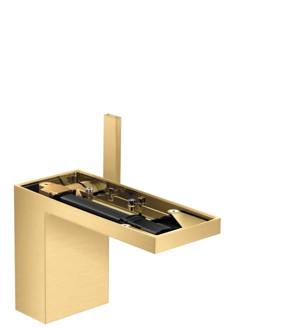 Einhebel-Waschtischmischer in Brushed Gold Optic von AXOR, mit quadratischer Bauform und integrierter Push-Open Ablaufgarnitur, ohne Abdeckplatte.